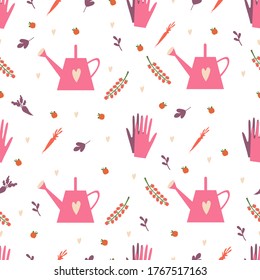 Vector seamless garden pattern with plants, carrots, tomatoes and watering can. Nature garden background in flat style. Agriculture elements. Best for fabric, wallpaper, wrap paper, greeting cards.