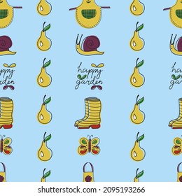 Vector seamless gardening pattern with rubber boots, apron, pear and snail in cartoon hand-drawn style.