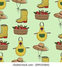 Vector seamless gardening pattern with rubber boots, apron, hat and basket of apples in cartoon hand-drawn style.