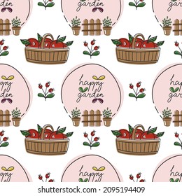 Vector seamless gardening pattern with wicker basket with apples in cartoon hand-drawn style.