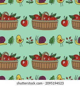 Vector seamless gardening pattern with wicker basket with apples in cartoon hand-drawn style.