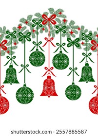 vector seamless garland with christmas balls and bells isolated on white background