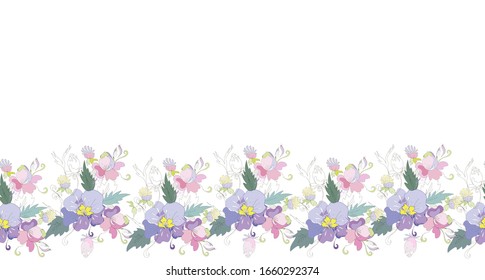 Vector seamless garland of floral ornament. Pattern of flowers, buds, leaves drawn by hand. Element of the banner strip, greeting card, wedding, holiday, invitation, birthday.