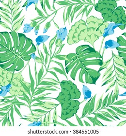 vector seamless gentle green with blue tropical pattern with exotic flower, philodendron, split leaf, rain forest wild nature, summer mood tropic background print