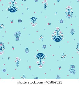 vector seamless gentle little flower pattern, little bouquets of flowers with stylized lily and cornflower, colorful floral background allover print