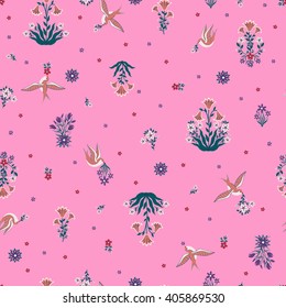 vector seamless gentle little flower pattern, little bouquets of flowers with stylized lily and cornflower, colorful floral background allover print