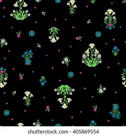 vector seamless gentle little flower pattern, little bouquets of flowers with stylized lily and cornflower, colorful floral background allover print