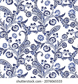 vector seamless gentle paisley print with ethnic paisley and flowers pattern, allover composition. Detailed beautiful paisleys with floral motives and embellishments. Painted in blue. 