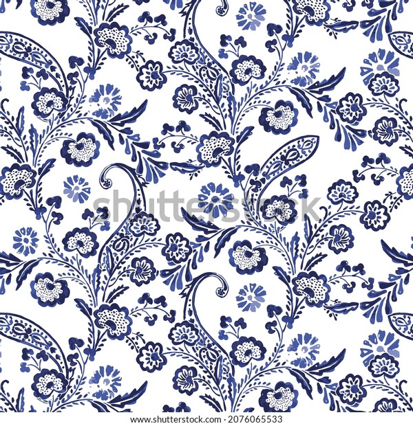 vector seamless gentle paisley print with ethnic paisley\
and flowers pattern, allover composition. Detailed beautiful\
paisleys with floral motives and embellishments. Painted in blue.\
