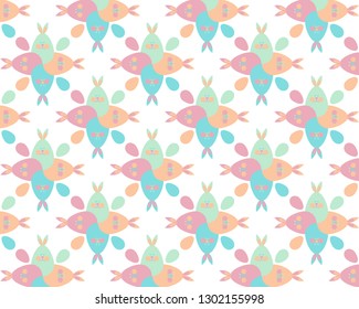 Vector seamless gentle pattern with decorative eggs and Easter bunny. Easter, holiday, punchy pastels background for website, printing on fabric, gift wrap and wallpapers. Vector