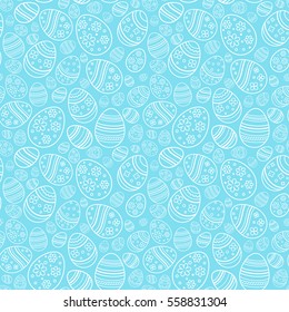 Vector seamless gentle pattern with decorative eggs. Easter holiday blue background for website, printing on fabric, gift wrap and wallpapers