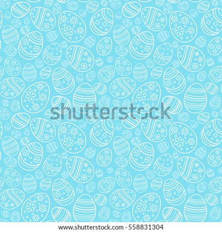 Vector seamless gentle pattern with decorative eggs. Easter holiday blue background for website, printing on fabric, gift wrap and wallpapers