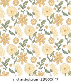 Vector Seamless Gentle Pattern With Groovy Flowers And Stems On White Background. Nature Tender Texture For Fabric. Retro Flower Power Wallpaper. Light Old Fashioned Floral Texture.