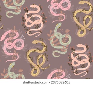 Vector seamless gentle pattern with serpents and plant stems on a dark background. Animalistic texture with curled snakes and herbs in pastel color for wrapping paper, fabrics and wallpapers