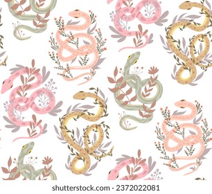 Vector seamless gentle pattern with snakes and stems on a white background. Animalistic pastel texture with curled serpents and herbs for wrapping paper, fabrics and wallpapers