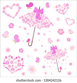 Vector seamless gentle pattern with umbrellas and hearts made up of flowers, butterflies, flowers for wallpaper, wrapping paper, textiles, postcards.