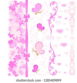Vector seamless gentle pink pattern with butterflies, hearts, bows and flowers. Use on wallpaper, clothing, wrapping paper, curtains