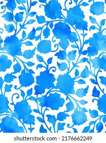 impresiones gentiles sin fisuras vectoriales con un patrón de flores étnicas, hermoso 
la composición de allover. hojas curas con motivos florales y adornos. Pintado en textura de color azul.