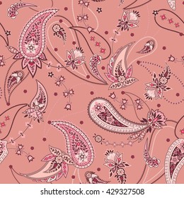 vector seamless gentle romantic floral paisley pattern, fantasy oriental background allover print with flowers, chains, leaves, dots