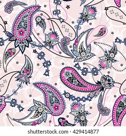 vector seamless gentle romantic floral paisley pattern, fantasy oriental background allover print with flowers, chains, leaves, dots, outlines