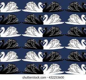 vector seamless gentle romantic graphical swan birds regular pattern, linear placement, outlined silhouettes