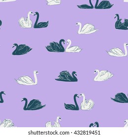 vector seamless gentle romantic graphical swan birds regular pattern, outlined silhouette, modern stylish background print