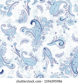 vector seamless gentle traditional detailed blue paisley pattern with floral motif and texture at the background. Indian allover design. Orient background.