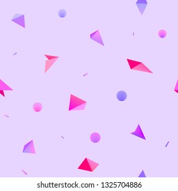 Vector seamless geometric 3d shapes pattern. Hipster fashion Memphis style background. Lilac, purple, pink circles and triangles