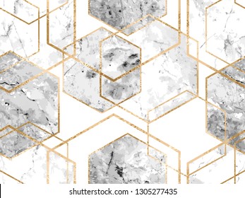 Vector Seamless Geometric Art Deco Pattern With Gold Glitter Lines And Marble Polygons. Metallic Hexagon Abstract Texture On White Background 