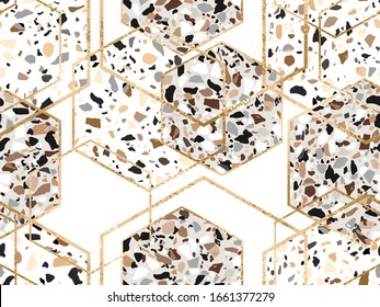 Vector seamless geometric art deco pattern with gold glitter lines, gray and brown terrazzo polygons. Metallic hexagon abstract luxury stone texture on white background 