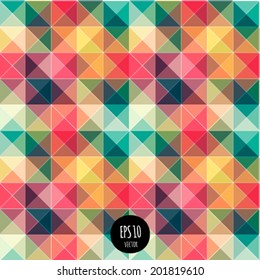 Vector seamless geometric background. Vibrant futuristic abstract pattern. Colorful modern style fashion design. Bright triangle texture. Colors shapes digital backdrop.