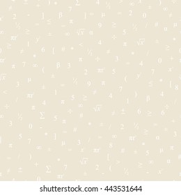 Vector seamless geometric beige background. Mathematical pattern of white numbers, symbols and figures.