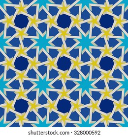 Vector Seamless Geometric Blue Yellow Islamic Interlacing Star Pattern Background