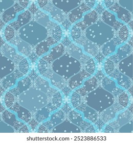 Vector seamless geometric Christmas pattern with snowflakes on a gray and blue background