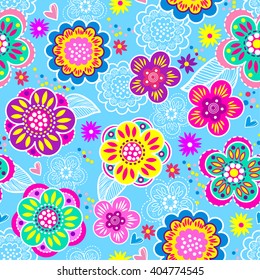Vector seamless geometric cute pattern with flowers. Background for girls
