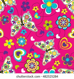 Vector seamless geometric cute pattern with colorful butterfly, flowers and hearts. Fashion illustration in modern style. Girlish funny wallpaper  for textile and fabric. 