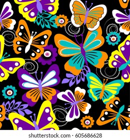 Vector seamless geometric cute pattern with colorful butterfly and flowers. Fashion illustration in modern style. Girlish funny wallpaper for textile and fabric.