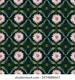 Vector, seamless, geometric, dark background pattern of spider and daisies