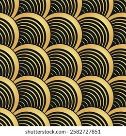Vector seamless geometric diagonal pattern with golden gradient spirals on a black background, For textiles, wallpaper and packaging