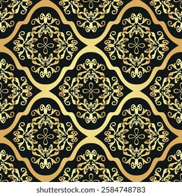 Vector seamless geometric diagonal pattern with golden gradient rhombuses on a black background, For textiles, wallpaper and packaging