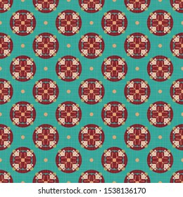 Vector seamless geometric floral abstract dots pattern on teal background for fabric, wallpaper, scrapbooking projects or backgrounds. Surface pattern design.