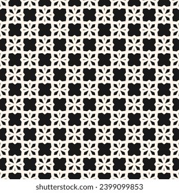 Vector seamless geometric floral pattern with simple grid, lattice, small flower silhouettes. Abstract black and white background Gothic style ornament texture. Elegant repeat design, mosaic floor