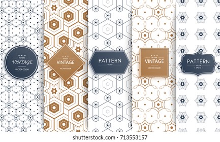 Vector Seamless geometric golden and blue Pattern set wit Rounded Lines, polygon, Abstract Background