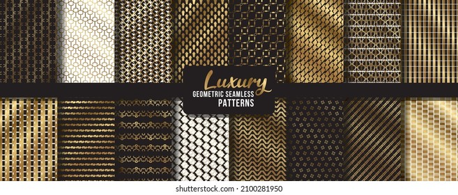 Vector seamless geometric golden pattern background set, luxury collection. Abstract endless repeating texture for mask, duvet cover, t-shirt, phone case, wallpaper, carpet...