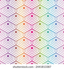 Vector seamless geometric hand drawn pattern with rainbow striped hexagons on white