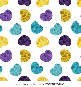 Vector seamless geometric hearts, shapes on white background, triangles polygons abstract background