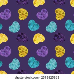 Vector seamless geometric hearts, shapes on white background, triangles polygons abstract background