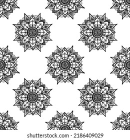vector SEAMLESS geometric mandala PATTERN with isolated black lines on white . Geometric pattern of intersecting mandalas for the design template module frame on a white background for print design