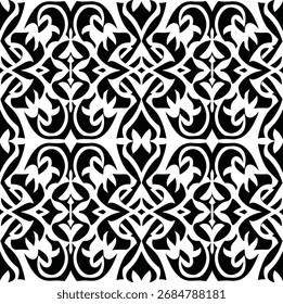 Ornamento geométrico sin costuras de Vector inspirado en el patrón textil NTT ikat con curvas de hojas simétricas y estilo tribal abstracto