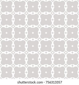 Vector seamless geometric ornament pattern with simple rounded shapes, rhombuses, square grid. White and gray ornamental texture. Abstract silver background. Subtle repeat design for decor, textile 